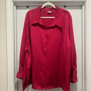 Womens Satin Hot Pink Button Up Top